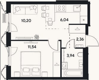 Планировка: 2-к, 34,1 м²