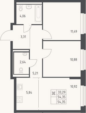 Планировка: 3-к, 54,4 м²