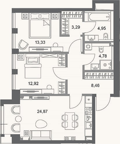 Планировка: 2-к, 72,6 м²