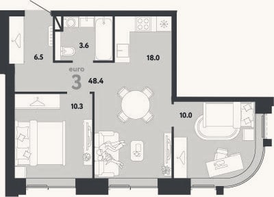 Планировка: 3-к, 48,4 м²