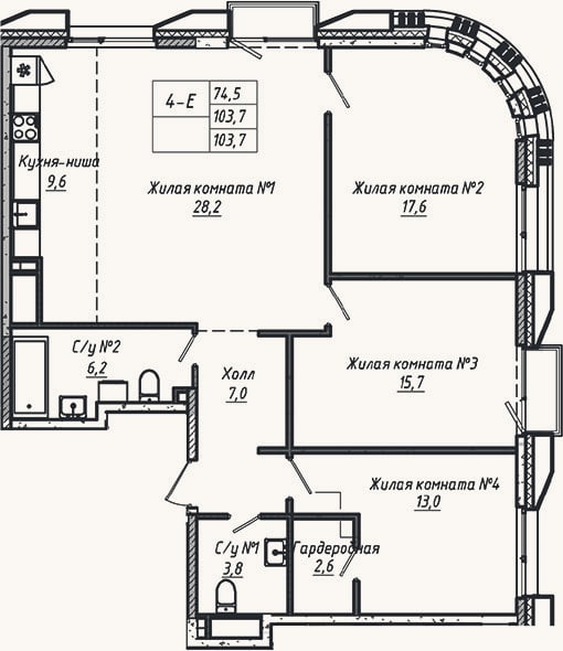 Планировка: 4+ к, 103,7 м²