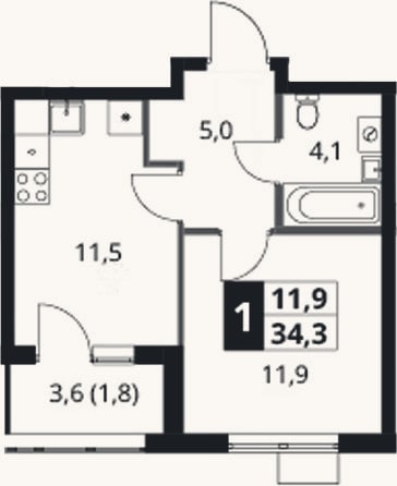 Планировка: 1-к, 32,5 м²