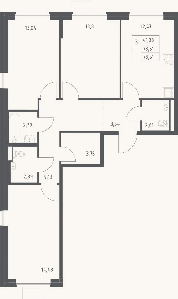 Планировка: 3-к, 78,5 м²