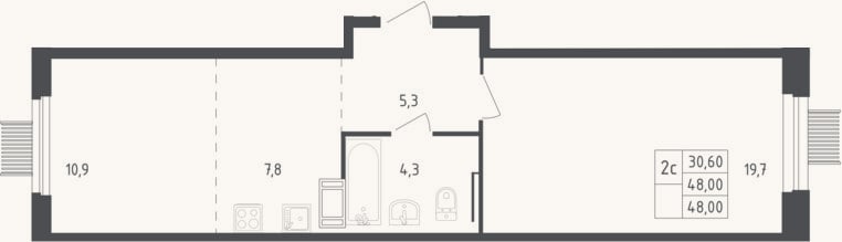 Планировка: 2-к, 48 м²