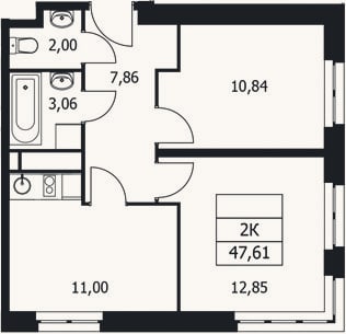 Планировка: 2-к, 47,6 м²