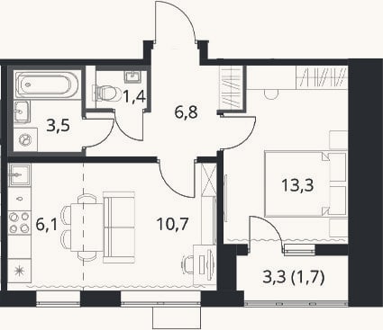 Планировка: 1-к, 41,8 м²