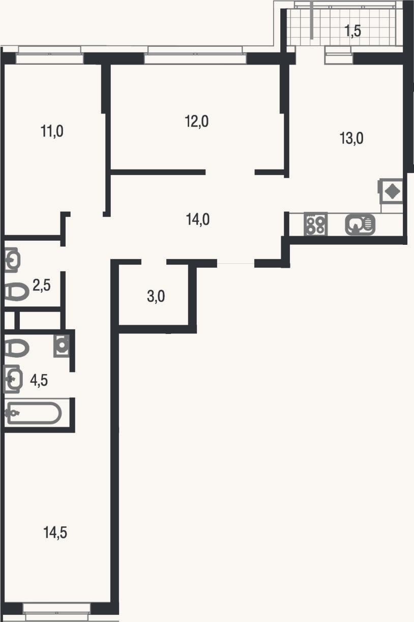 Планировка: 3-к, 74,5 м²