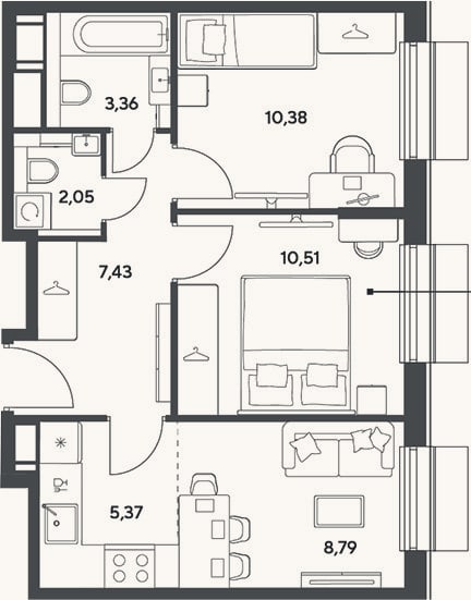 Планировка: 3-к, 47,9 м²