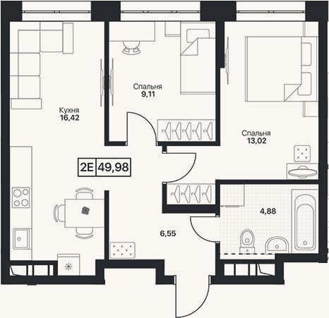 Планировка: 3-к, 50 м²