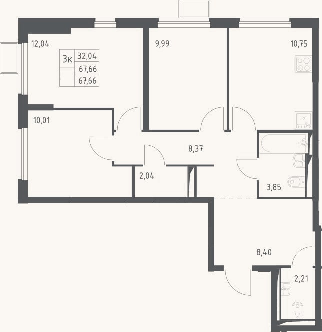 Планировка: 3-к, 67,7 м²