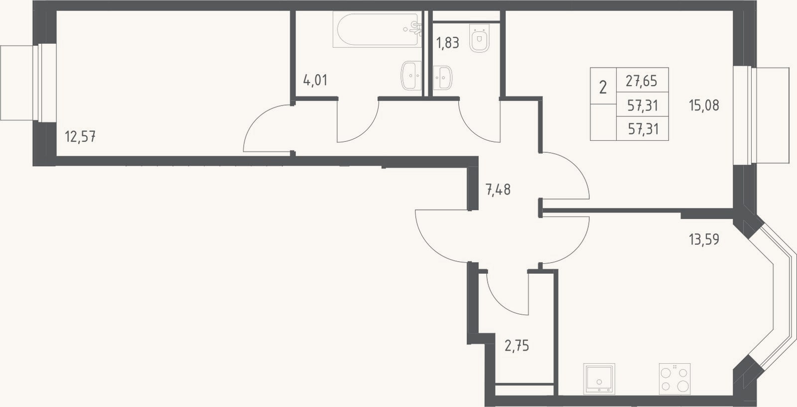 Планировка: 2-к, 57,3 м²