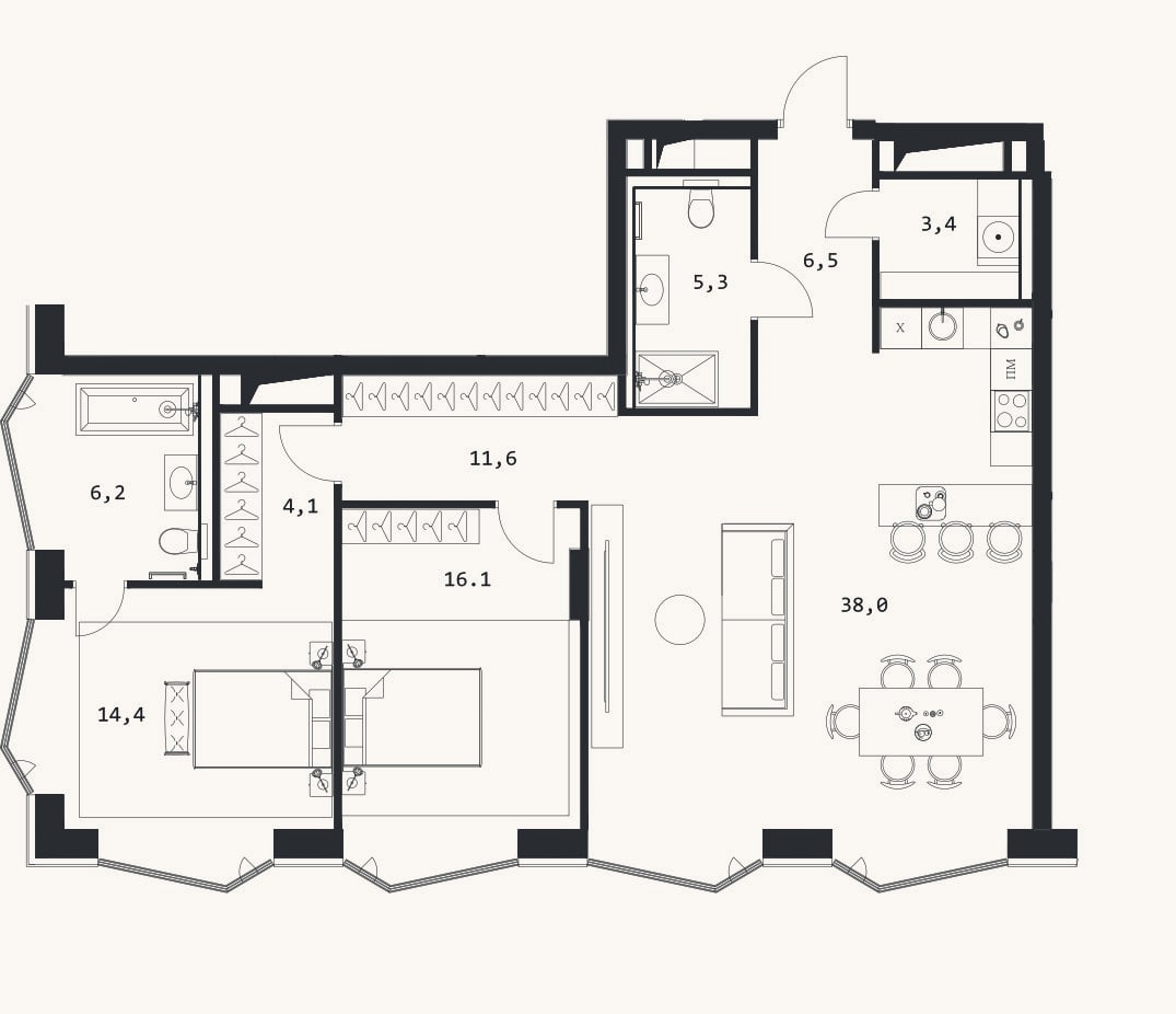Планировка: 3-к, 105,6 м²