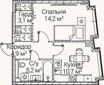 Планировка: 1-к, 38,1 м²