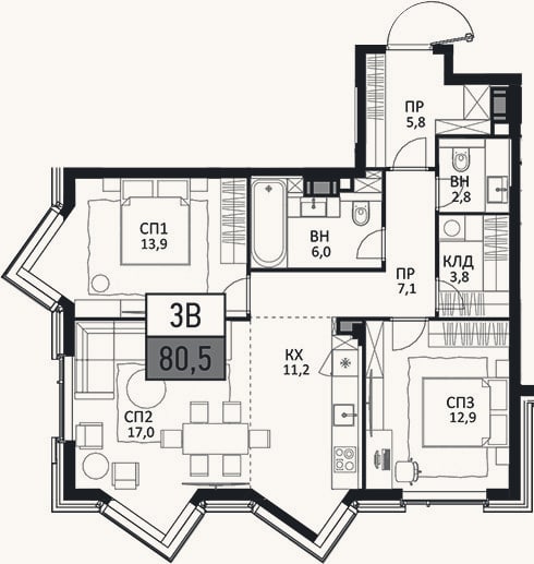Планировка: 3-к, 80,5 м²