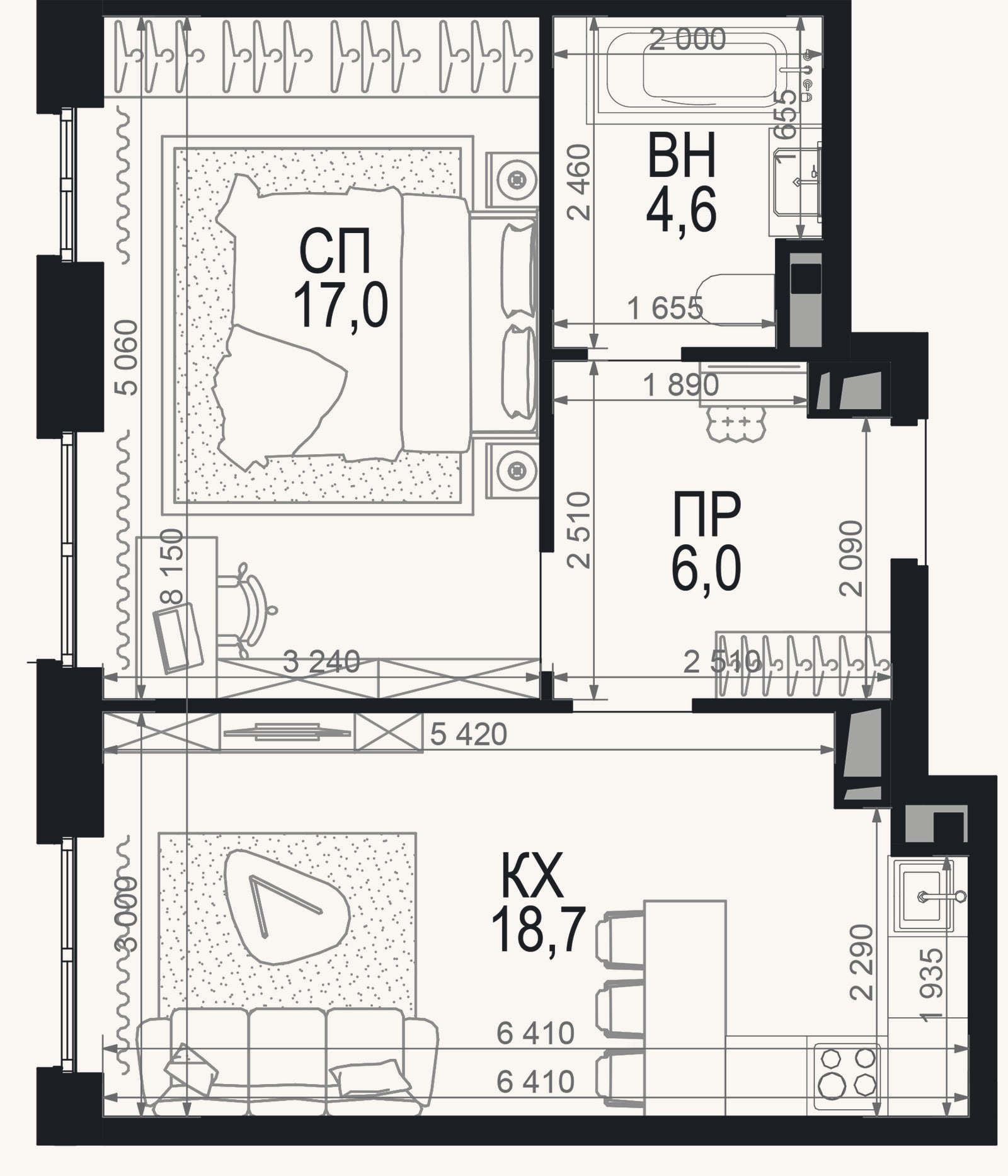 Планировка: 1-к, 46,3 м²