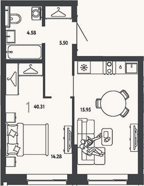 Планировка: 1-к, 40,3 м²