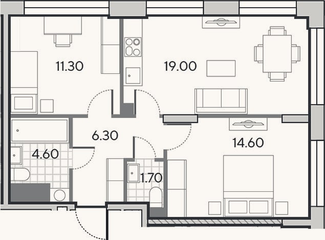 Планировка: 3-к, 57,5 м²