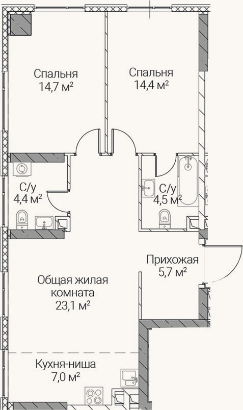 Планировка: 3-к, 73,8 м²