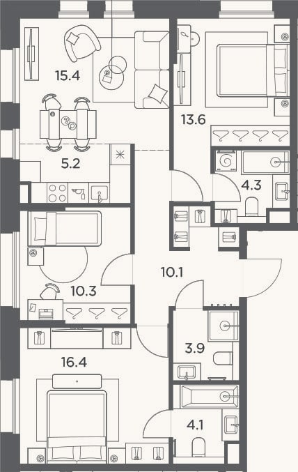 Планировка: 4+ к, 83,3 м²