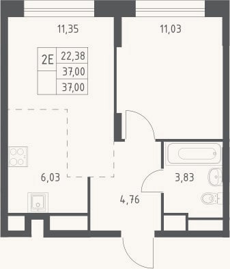 Планировка: 2-к, 37 м²