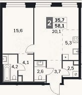 Планировка: 2-к, 58,1 м²