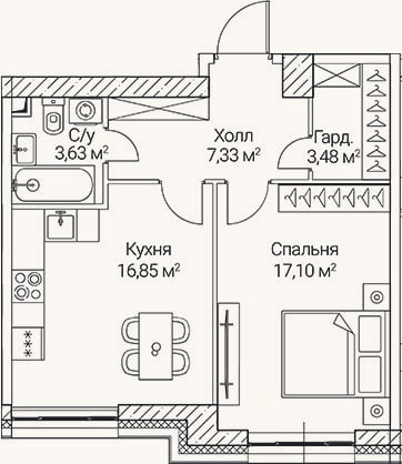 Планировка: 1-к, 48,4 м²