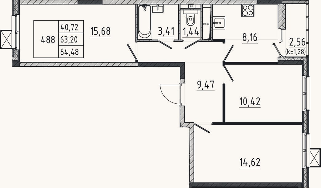 Планировка: 3-к, 63,2 м²