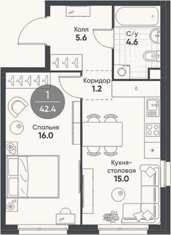 Планировка: 2-к, 42,4 м²