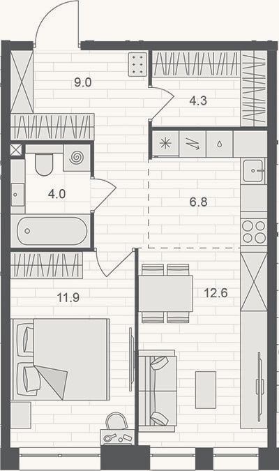 Планировка: 2-к, 48,6 м²