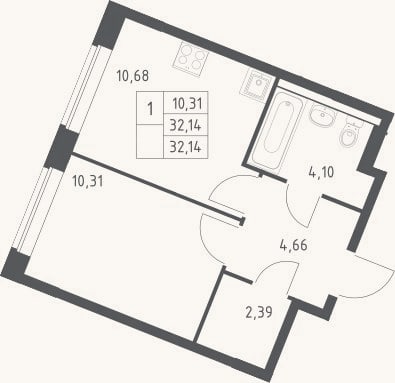 Планировка: 1-к, 32,1 м²