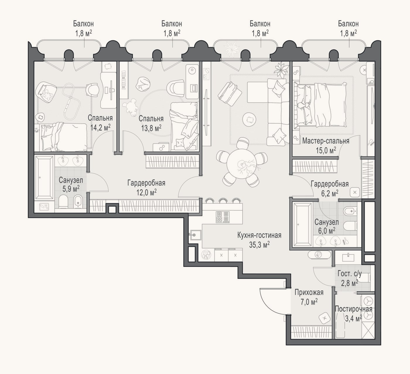 Планировка: 4+ к, 125 м²