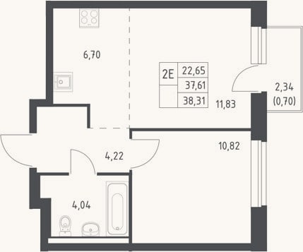 Планировка: 2-к, 37,6 м²