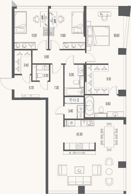 Планировка: 3-к, 130 м²