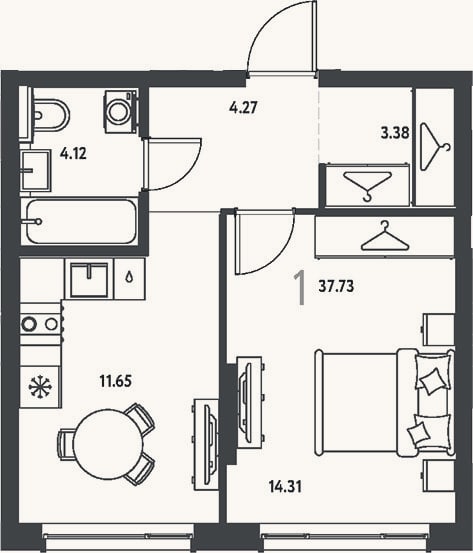 Планировка: 1-к, 37,7 м²