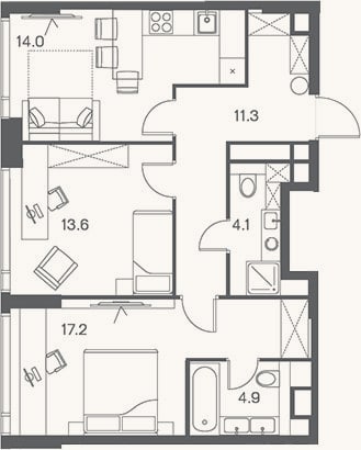 Планировка: 2-к, 65,1 м²