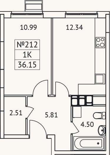Планировка: 1-к, 36,2 м²