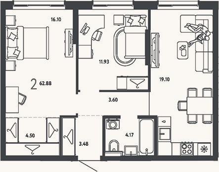 Планировка: 2-к, 62,9 м²