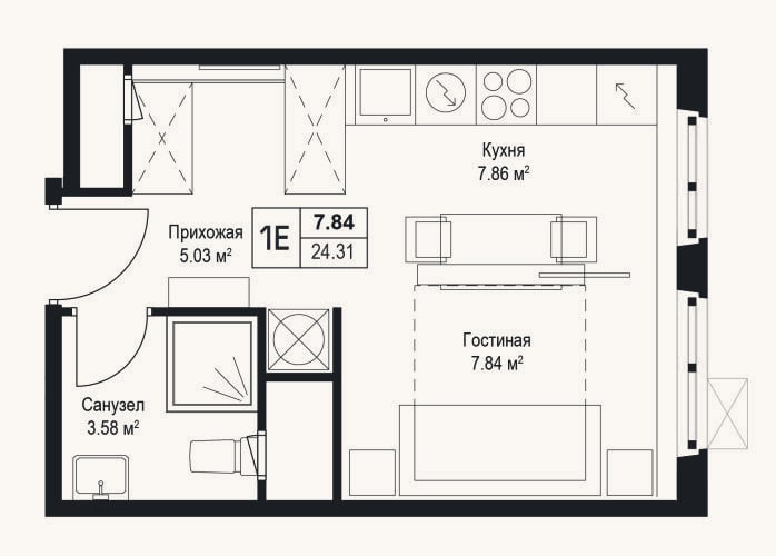 Планировка: Студия, 24,3 м²