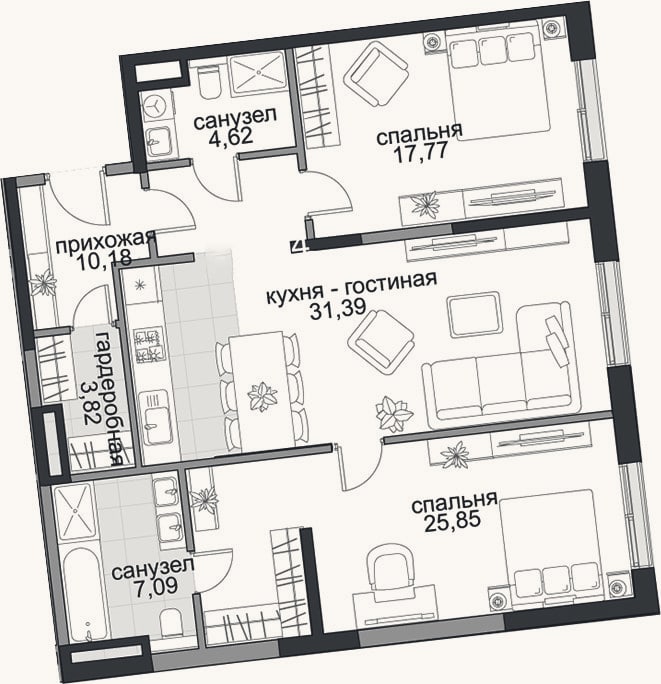 Планировка: 3-к, 100,7 м²