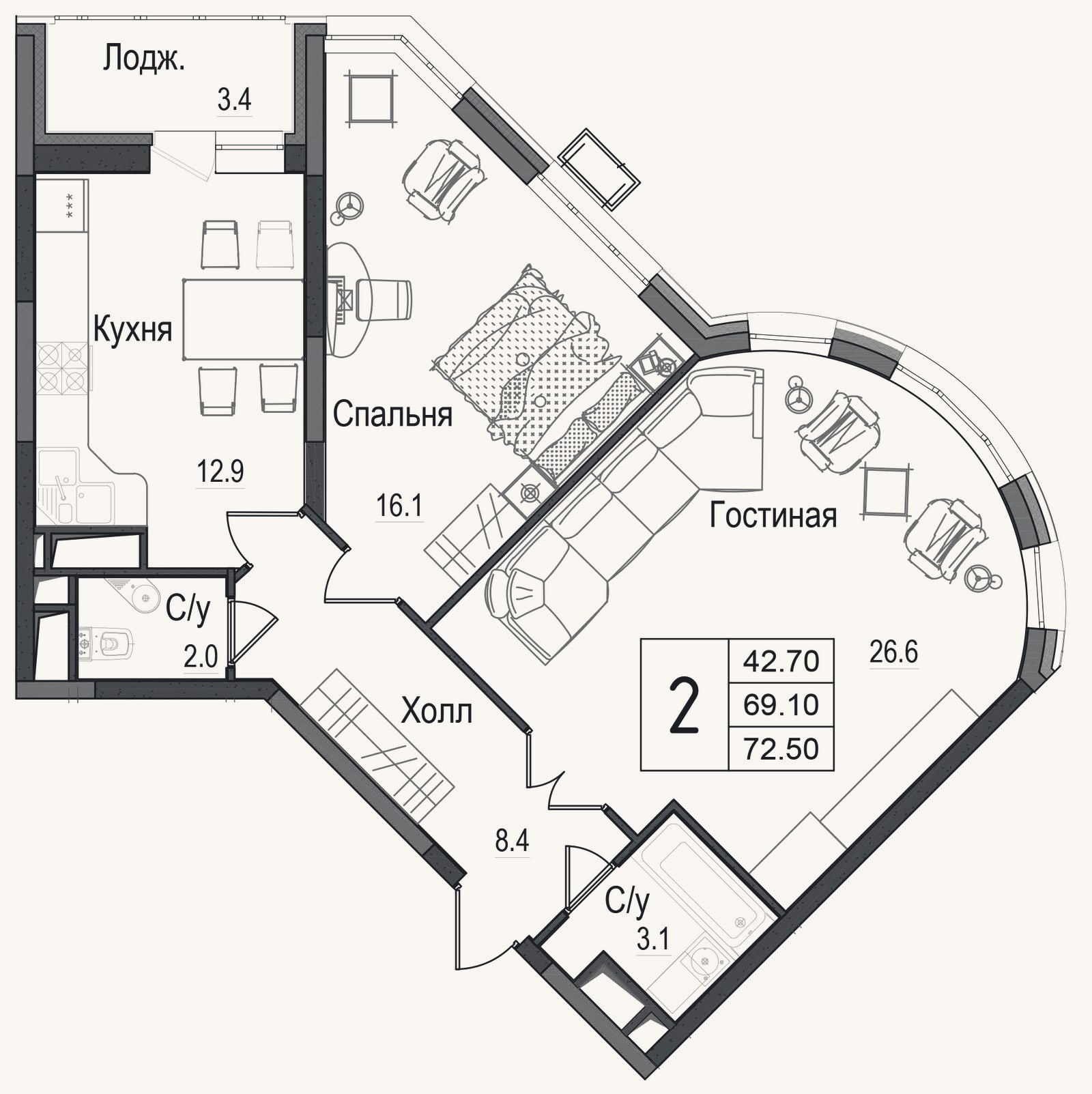 Планировка: 2-к, 69,7 м²