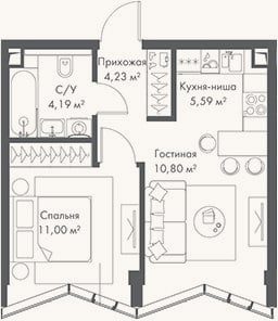 Планировка: 2-к, 35,8 м²