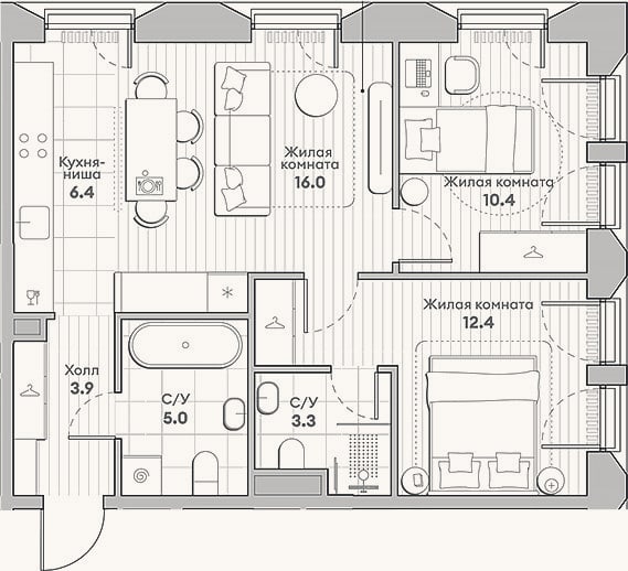 Планировка: 3-к, 57,4 м²