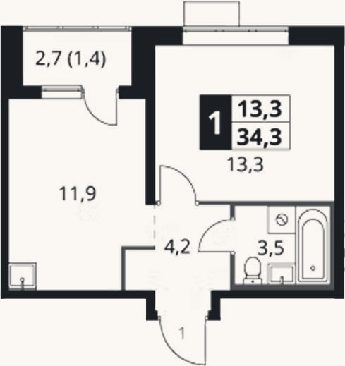 Планировка: 1-к, 32,9 м²
