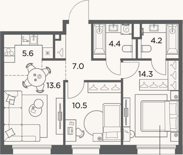 Планировка: 3-к, 59,6 м²