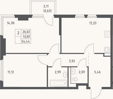 Планировка: 2-к, 53,8 м²