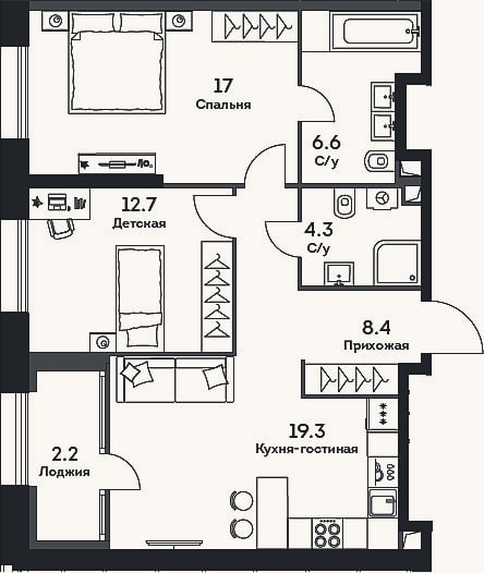 Планировка: 3-к, 68,3 м²