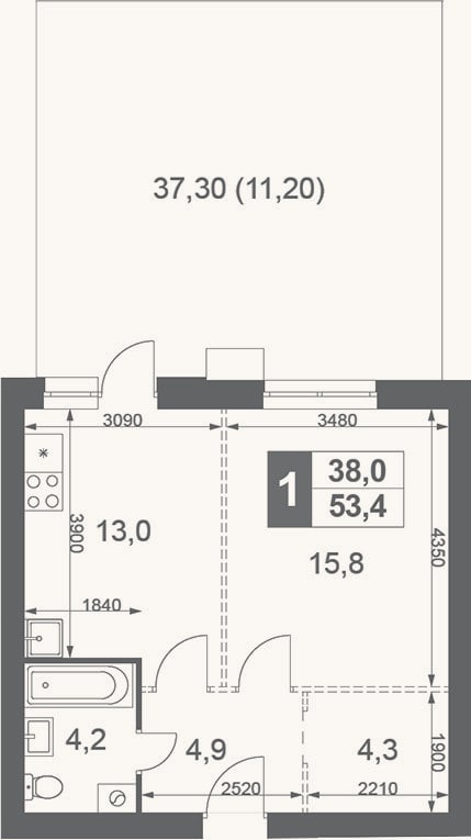Планировка: 1-к, 42,2 м²