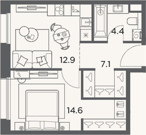 Планировка: 1-к, 39 м²
