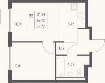 Планировка: 2-к, 34,7 м²