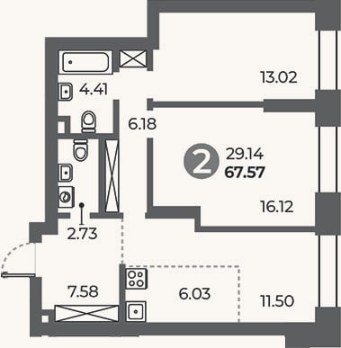Планировка: 2-к, 67,6 м²